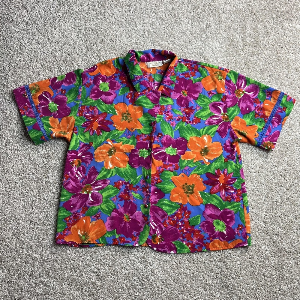 Vintage Victoria's Secret Pajama Top Womens Medium Colorful Floral Satin Button